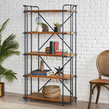 Yorktown Industrial 5 Shelf Firwood Bookcase, Antique Brown, Blue, and Black Noble House