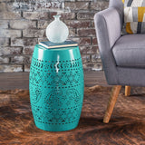 Ruby Outdoor 12" Lace Cut Iron Side Table, Teal Noble House