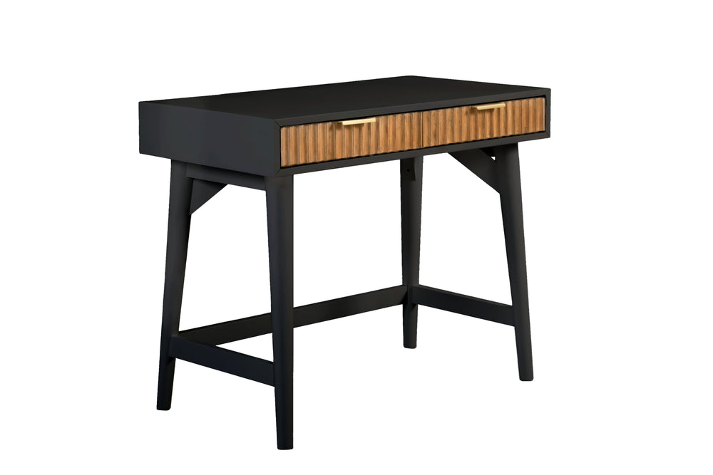 Larsen Mini Desk in Black & Natural - Stylish Mahogany, Textured Drawers, Gold Hardware, 2 Drawers