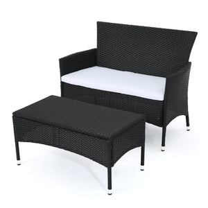 Malta Outdoor Black Wicker Loveseat and Coffee Table Set with White Water Resistant Cushions Noble House