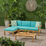 Noble House Santa Ana Outdoor 3 Seater Acacia Wood Sofa Sectional with Cushions, Light Brown and Teal