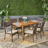 Stamford Outdoor 7-Piece Acacia Wood  Dining Set with Wicker Chairs, Teak Finish And Brown and Cream Noble House