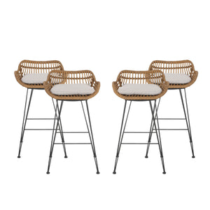 Dale Outdoor Wicker Barstools with Cushions, Light Brown and Beige Noble House