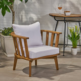 Solano Outdoor Wooden Club Chair with Cushions, White and Teak Finish Noble House