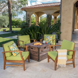 Mark Outdoor 4 Seater Teak Finished Acacia Wood Club Chairs with Green Water Resistant Cushions and Brown Fire Pit Noble House