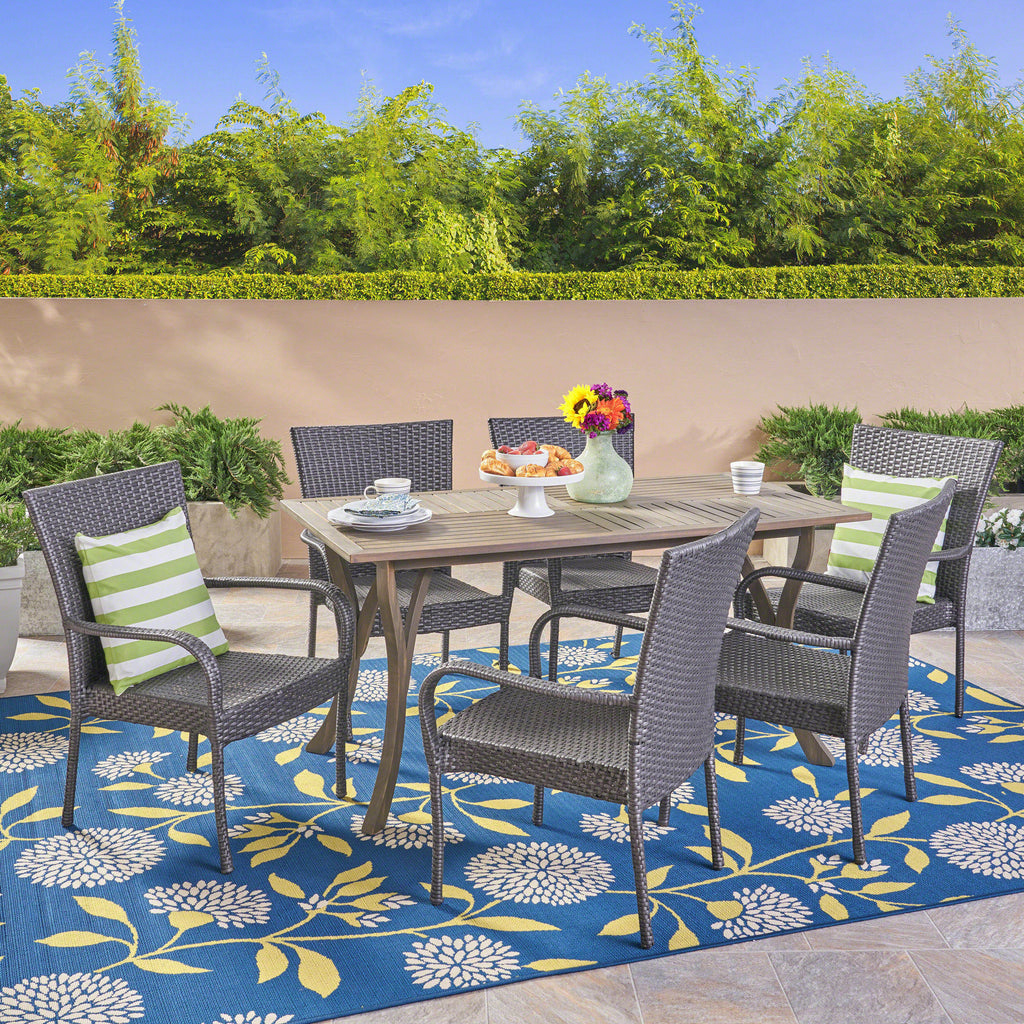 Monterey Outdoor 7 Piece Wood and Wicker Dining Set, Gray and Gray Noble House