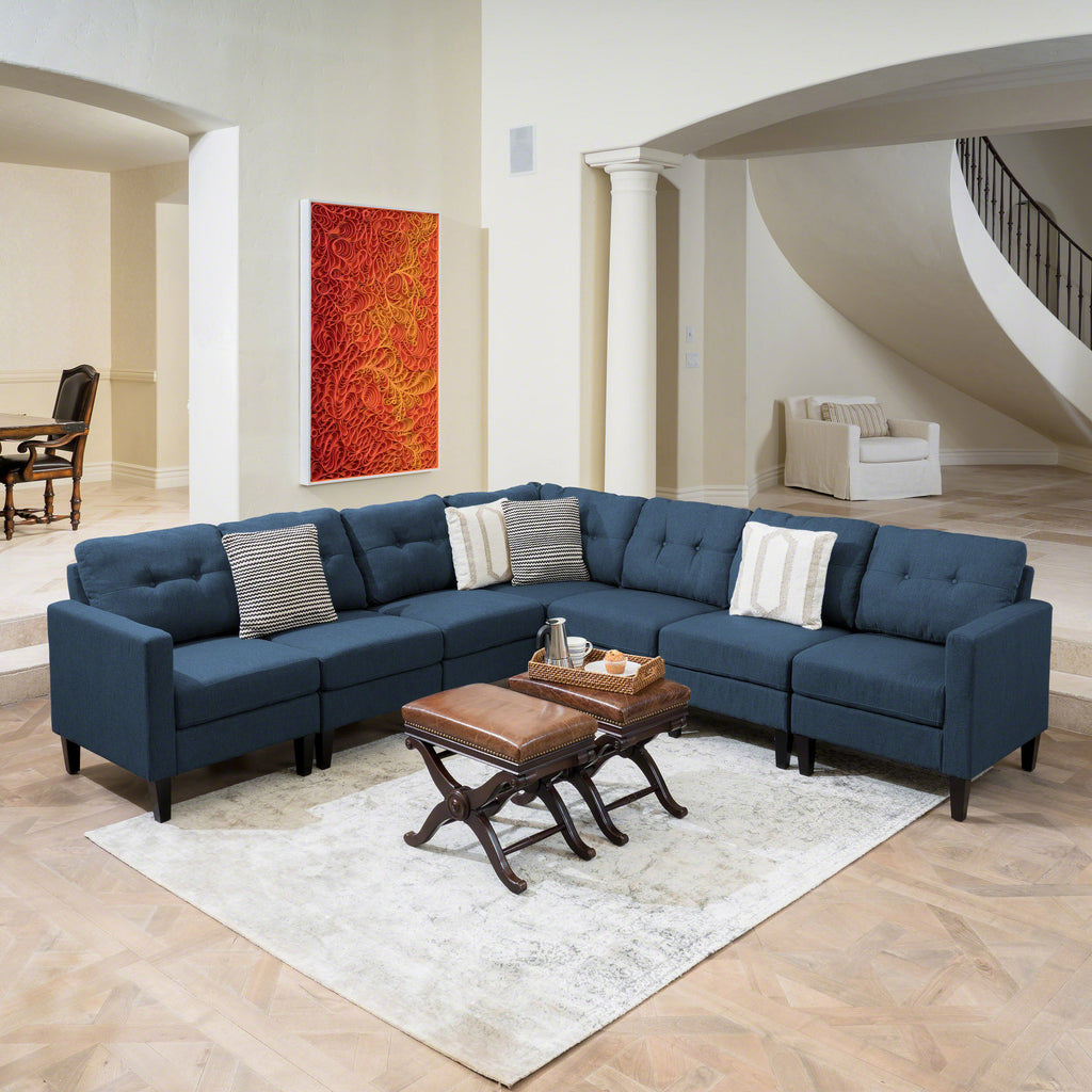 Emmie Mid Century Modern 7 Piece Navy Blue Fabric Extended Sectional S English Elm