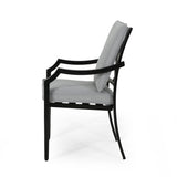 San Diego Outdoor Aluminum Dining Chairs with Cushions, Matte Black and Light Gray Noble House