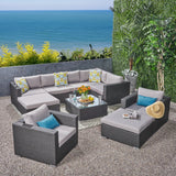 Santa Rosa Outdoor 7 Seater Grey Wicker Sectional Sofa with Aluminum Frame and Silver Water Resistant Cushions Noble House