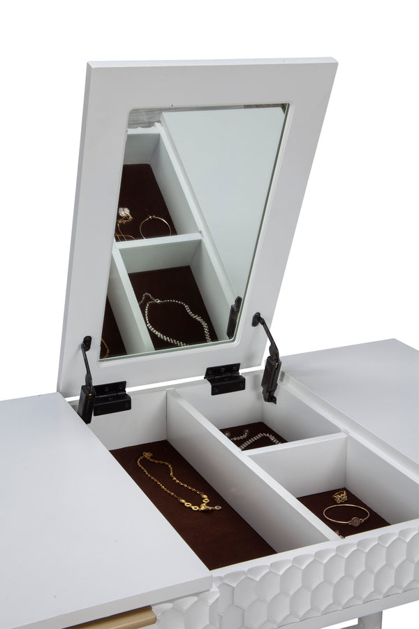 White Pearl Bedroom Vanity - Contemporary Mahogany Design with Textured Drawers & Hidden Mirror Storage