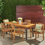 Avon Outdoor 7 Piece Teak Finish Acacia Wood Dining Set with Rustic Metal Accents on the Table Noble House