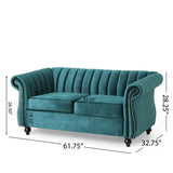 Noble House Glenmont Modern Glam Channel Stitch Velvet Loveseat with Nailhead Trim, Teal and Dark Brown