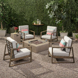 Belgian Outdoor 4 Seater Chat Set with Fire Pit, Gray Finish and Light Gray Noble House