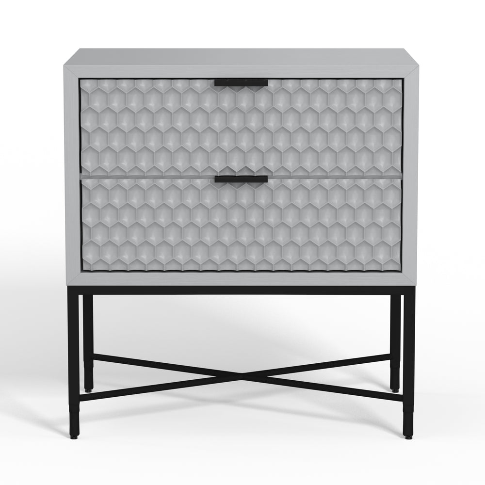 Milo Nightstand in Light Slate Grey - Stylish Storage with Textured Drawers & Black Metal Base