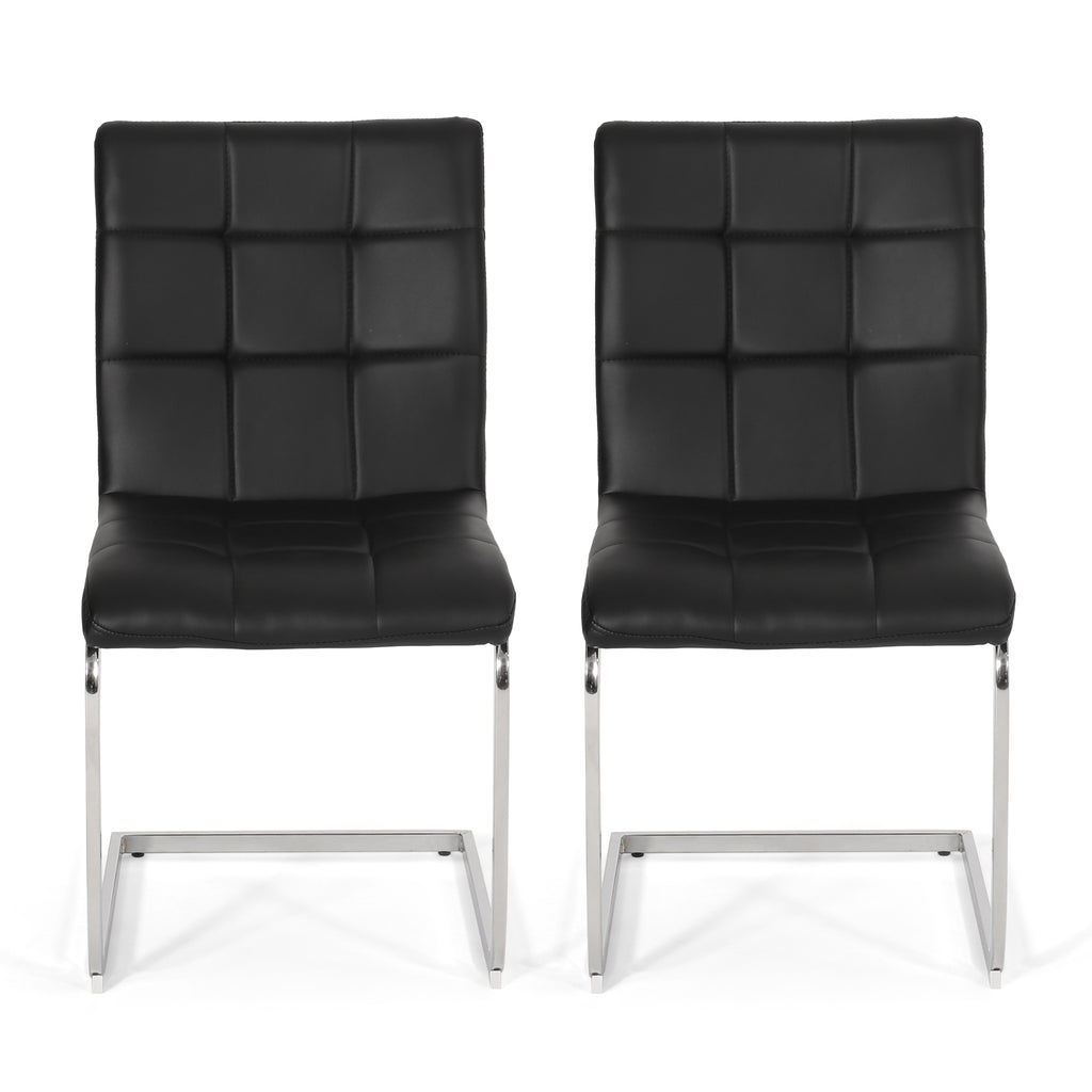 Vess Modern Upholstered Waffle Stitch Dining Chairs, Black and Chrome Noble House