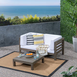 Oana Outdoor Modular Acacia Wood Loveseat and Table Set with Cushions, Gray and White Noble House