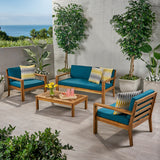 Santa Ana Outdoor 4 Seater Acacia  Wood Chat Set with Cushions, Teak and Dark Teal Noble House