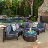 Madras Zanzibar Outdoor 4 Seater Wicker Curved Sectional Set with Ottoman, Brown and Navy Blue Noble House