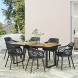 Noble House Trinity Outdoor Wood and Resin 7 Piece Dining Set, Black and Teak