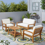 Grenada Patio Conversation Set with Coffee Table, 4-Seater, Acacia Wood, Teak Finish with Beige Outdoor Cushions Noble House