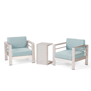 Cape Coral Outdoor 3 Piece Silver Aluminum Framed Chat Set with Light Teal and White Corded Water Resistant Cushions Noble House