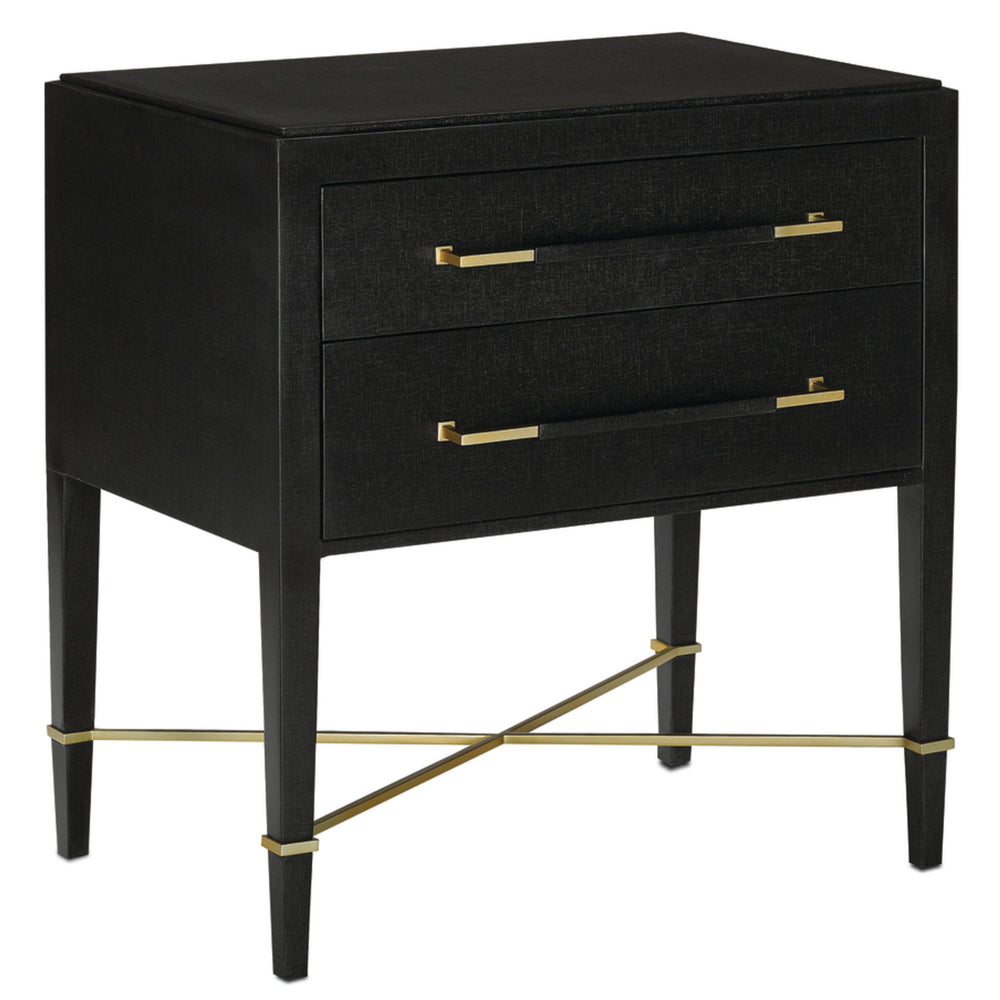 Verona Black Nightstand with Soft Close Drawers, Champagne Accents & Minimalist Design for Elegance