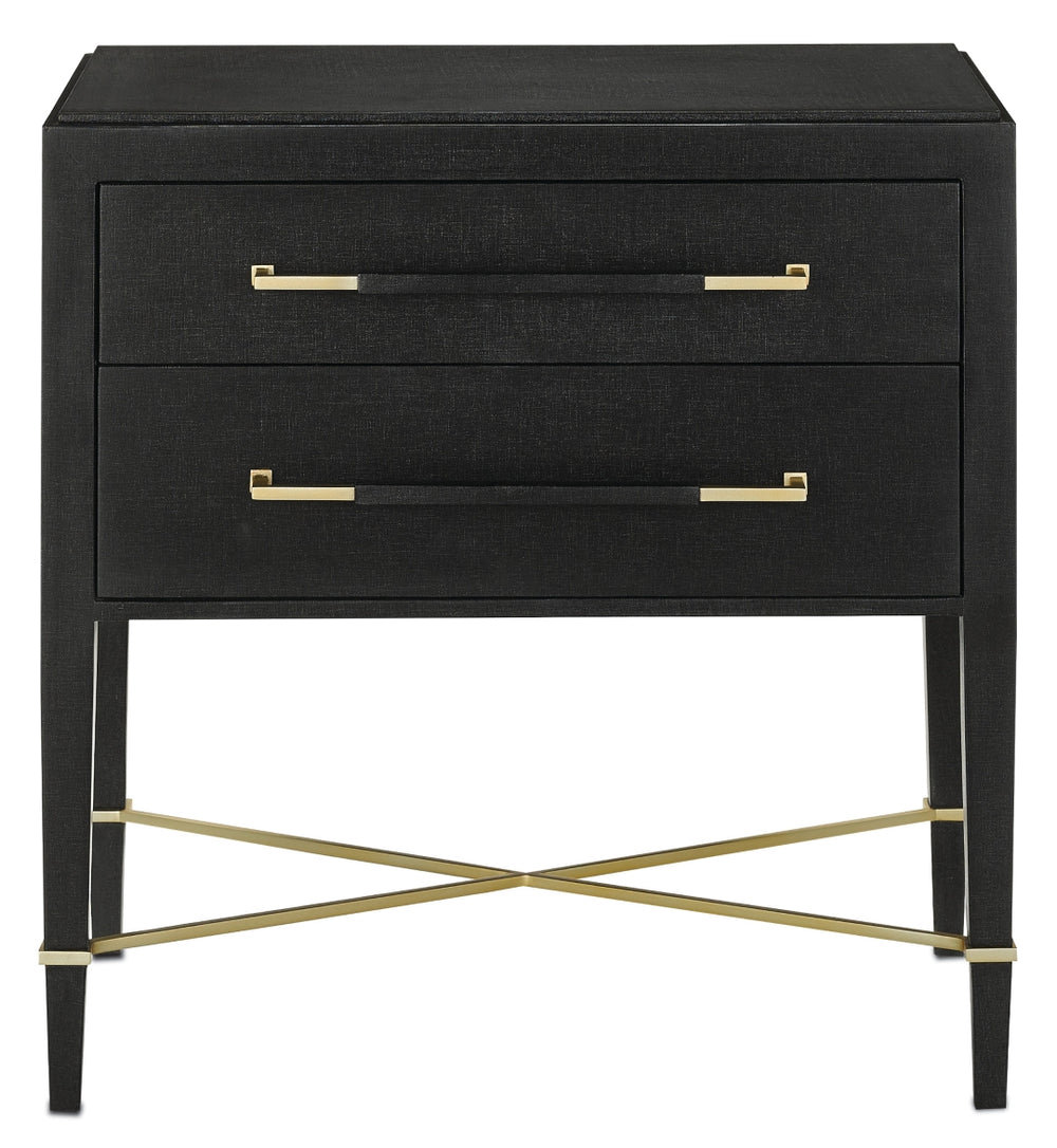 Verona Black Nightstand with Soft Close Drawers, Champagne Accents & Minimalist Design for Elegance