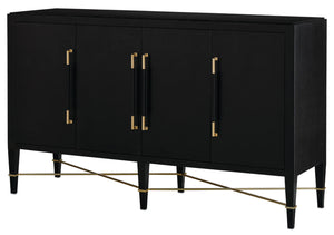 Verona Black Sideboard: Elegant Lacquered Design with Champagne Metal Accents & Soft Close Doors
