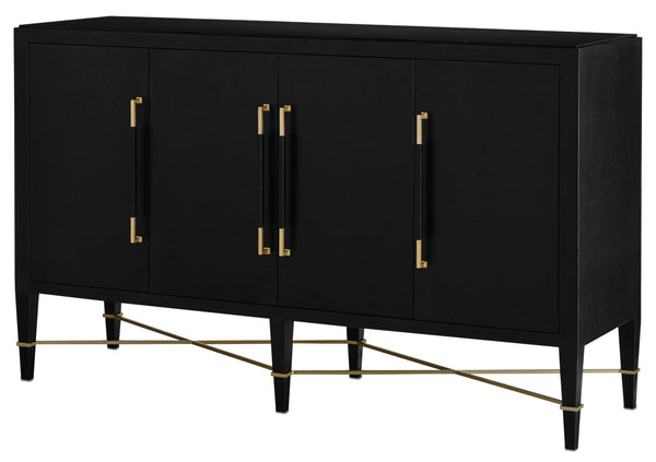 Verona Black Sideboard: Elegant Lacquered Design with Champagne Metal Accents & Soft Close Doors
