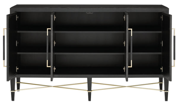 Verona Black Sideboard: Elegant Lacquered Design with Champagne Metal Accents & Soft Close Doors