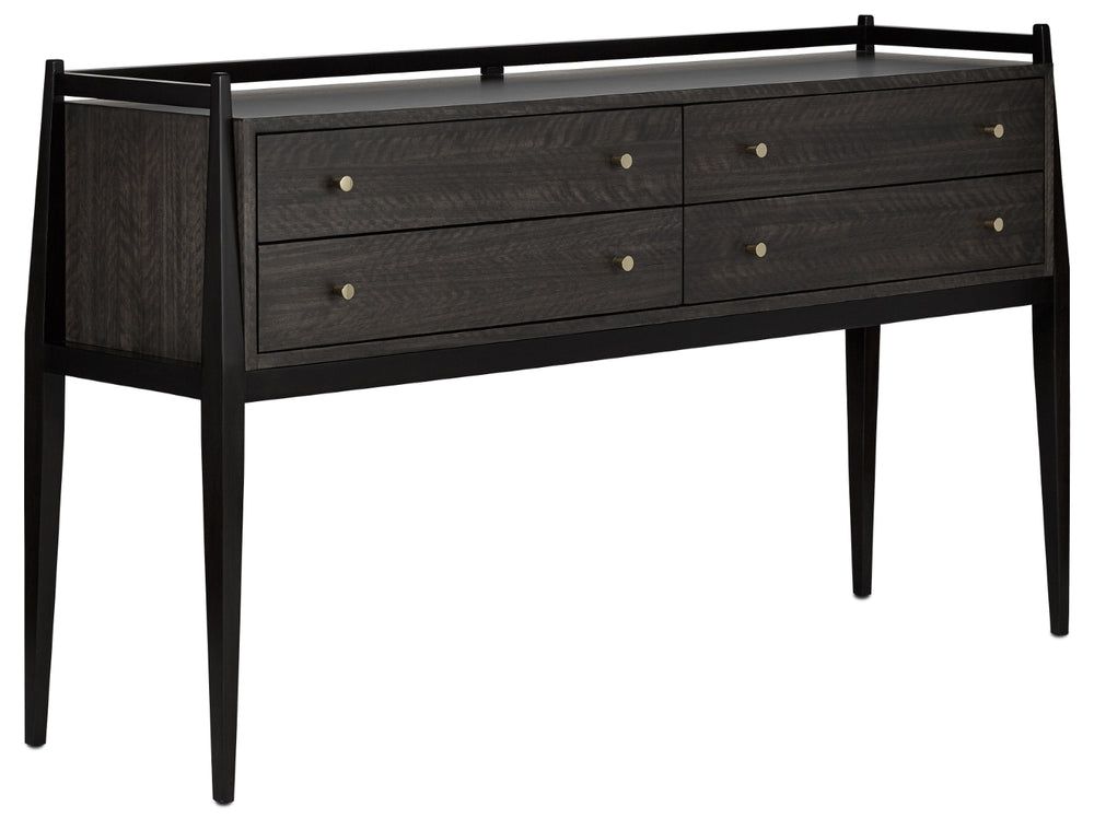 Selig Console Table: Elegant Solid Mahogany with Eucalyptus Veneer, Polished Brass Accents & Safety Features