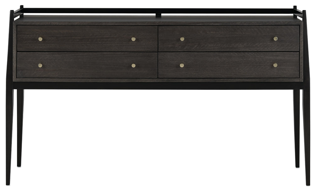 Selig Console Table: Elegant Solid Mahogany with Eucalyptus Veneer, Polished Brass Accents & Safety Features