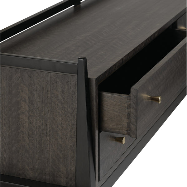 Selig Console Table: Elegant Solid Mahogany with Eucalyptus Veneer, Polished Brass Accents & Safety Features