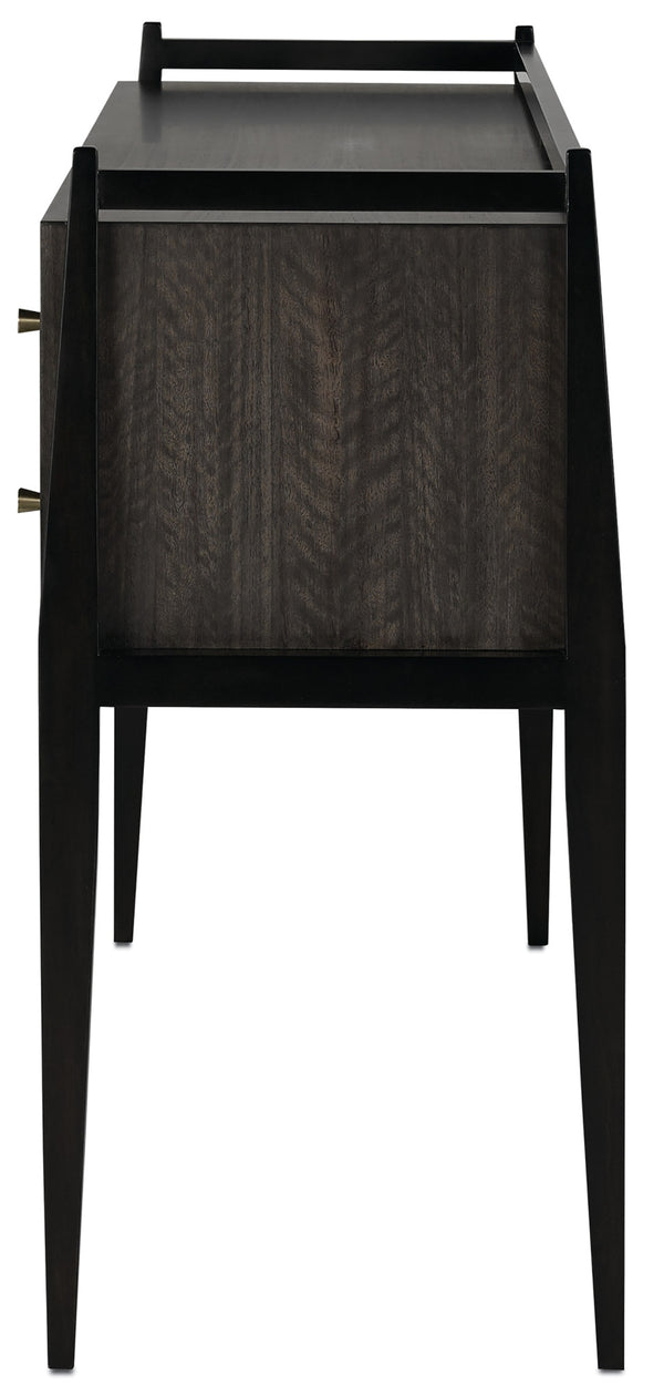 Selig Console Table: Elegant Solid Mahogany with Eucalyptus Veneer, Polished Brass Accents & Safety Features