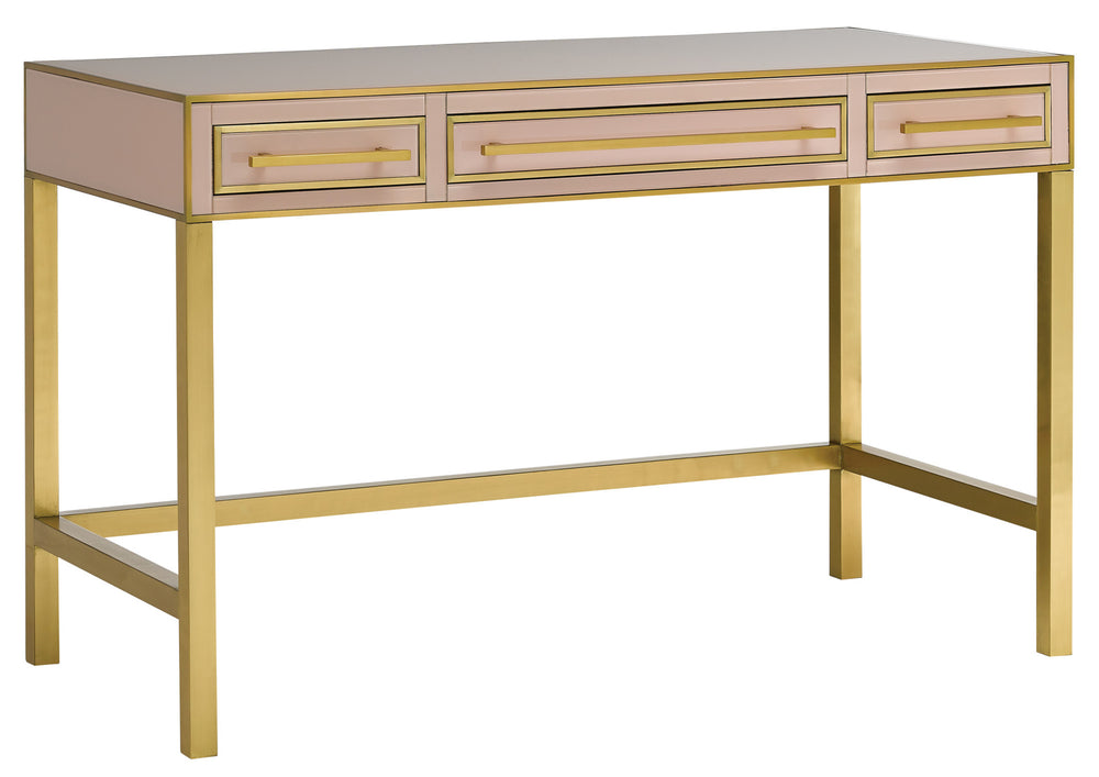 Arden Pink Vanity - 1970s Inspired Reverse-Painted Glass with Elegant Brass Trim & Soft-Close Drawers