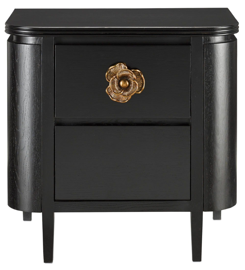 Briallen Black Nightstand with Antique Brass Floral Pull, Soft Close Drawers & Adjustable Glides