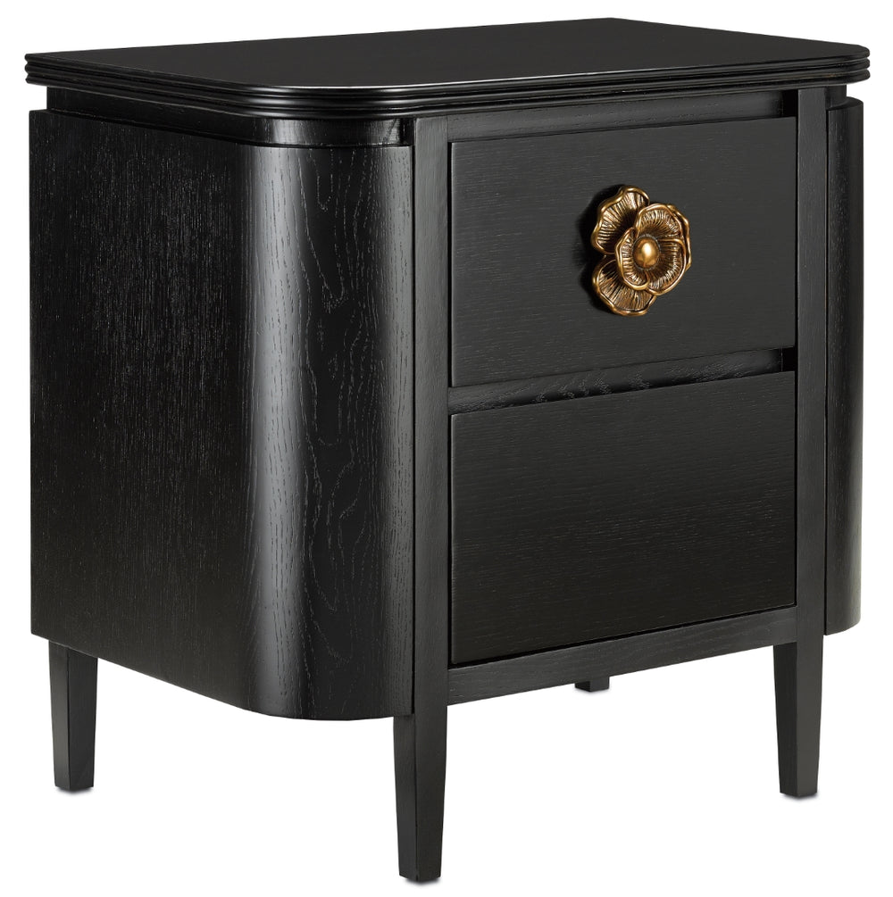 Briallen Black Nightstand with Antique Brass Floral Pull, Soft Close Drawers & Adjustable Glides