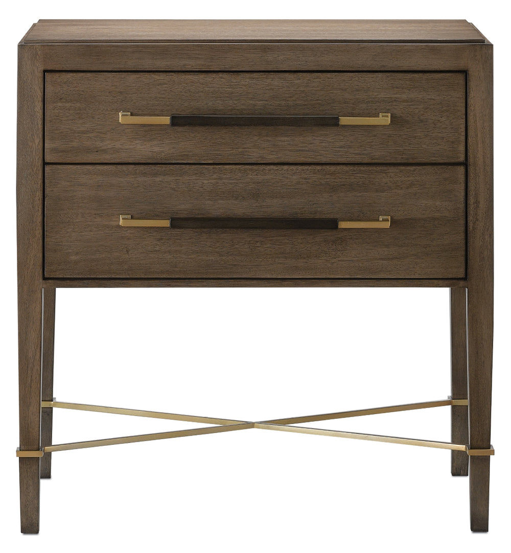 Verona Chanterelle Nightstand - Elegant Mahogany Design with Soft Close Drawers and Chic Champagne Accents