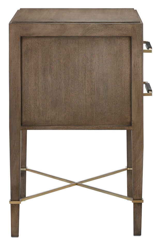 Verona Chanterelle Nightstand - Elegant Mahogany Design with Soft Close Drawers and Chic Champagne Accents