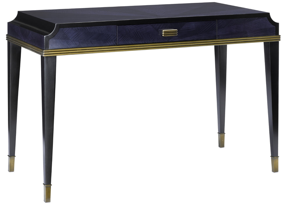 Kallista Writing Desk - Elegant Dark Sapphire Blue with Antique Brass Accents & Premium Features