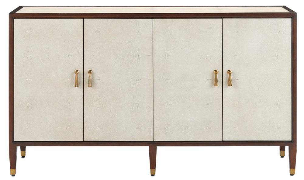 Evie Shagreen Credenza: Vintage-Inspired Ivory Mahogany Storage with Soft Close Doors & Brass Accents