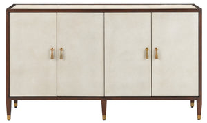 Evie Shagreen Credenza: Vintage-Inspired Ivory Mahogany Storage with Soft Close Doors & Brass Accents