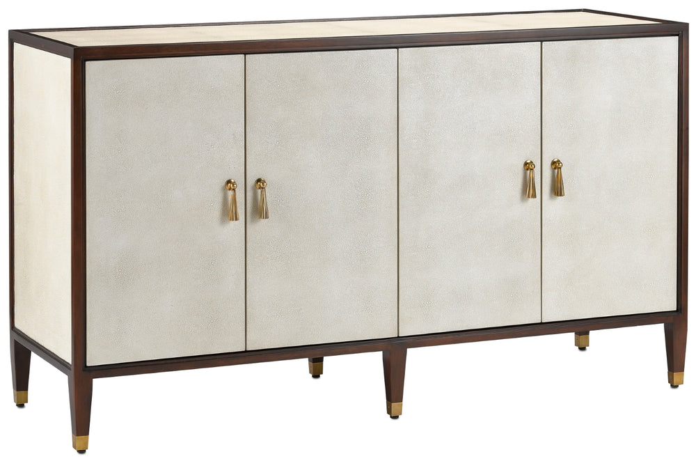 Evie Shagreen Credenza: Vintage-Inspired Ivory Mahogany Storage with Soft Close Doors & Brass Accents