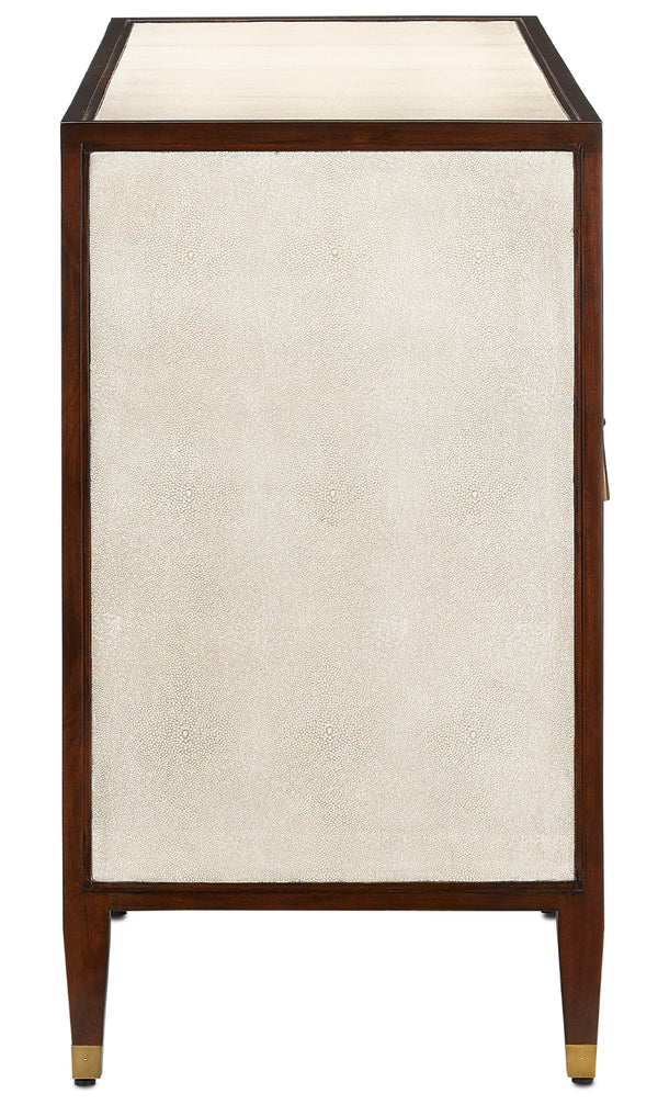 Evie Shagreen Credenza: Vintage-Inspired Ivory Mahogany Storage with Soft Close Doors & Brass Accents