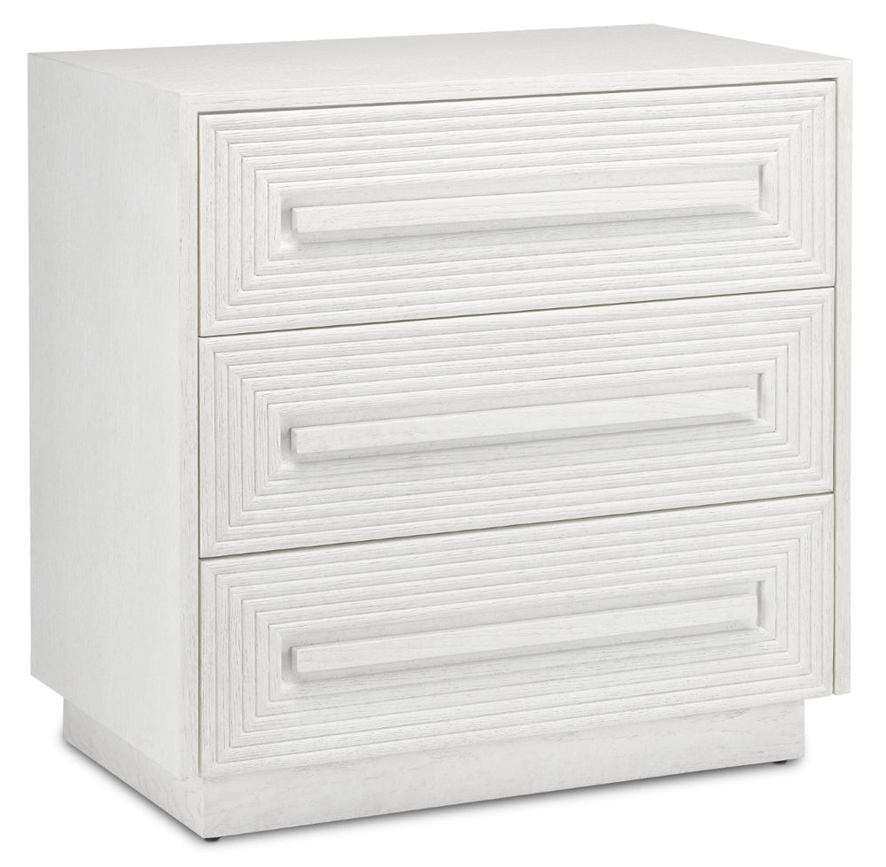 Morombe White Chest - Elegant Cerused Finish, Soft Close Drawers & Geometric Design for Modern Spaces