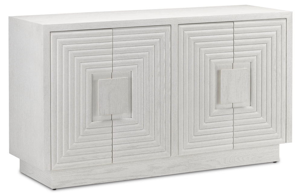 Morombe White Cabinet - Elegant Cerused Finish with Geometric Depth, Soft Close Hinges & Adjustable Shelves