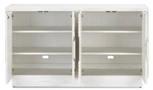 Morombe White Cabinet - Elegant Cerused Finish with Geometric Depth, Soft Close Hinges & Adjustable Shelves