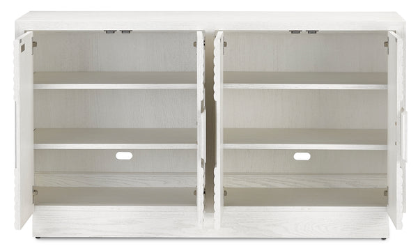 Morombe White Cabinet - Elegant Cerused Finish with Geometric Depth, Soft Close Hinges & Adjustable Shelves