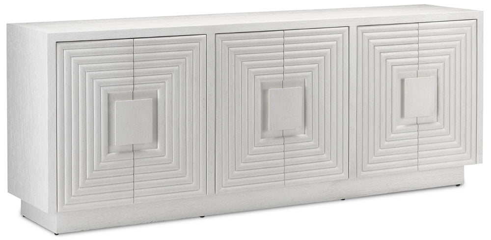 Morombe White Credenza - Elevate Your Space with Elegant Cerused Finish & Soft Close Doors, 84" Wide