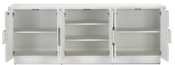 Morombe White Credenza - Elevate Your Space with Elegant Cerused Finish & Soft Close Doors, 84" Wide